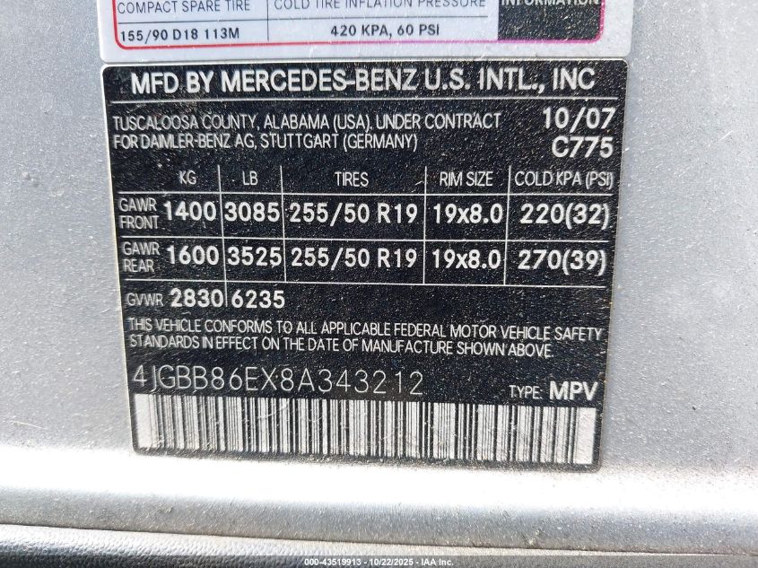 2008 Mercedes-Benz Ml 350 4Matic VIN: 4JGBB86EX8A343212 Lot: 43519913