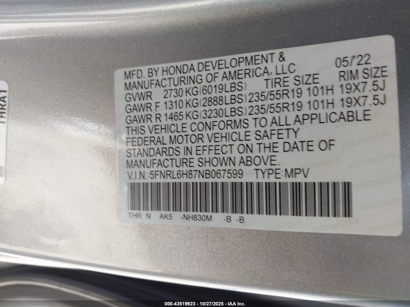 5FNRL6H87NB067599 2022 HONDA ODYSSEY photo no. 9