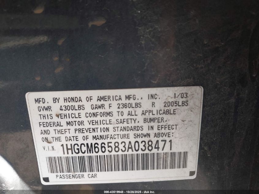2003 Honda Accord 3.0 Ex VIN: 1HGCM66583A038471 Lot: 43519948