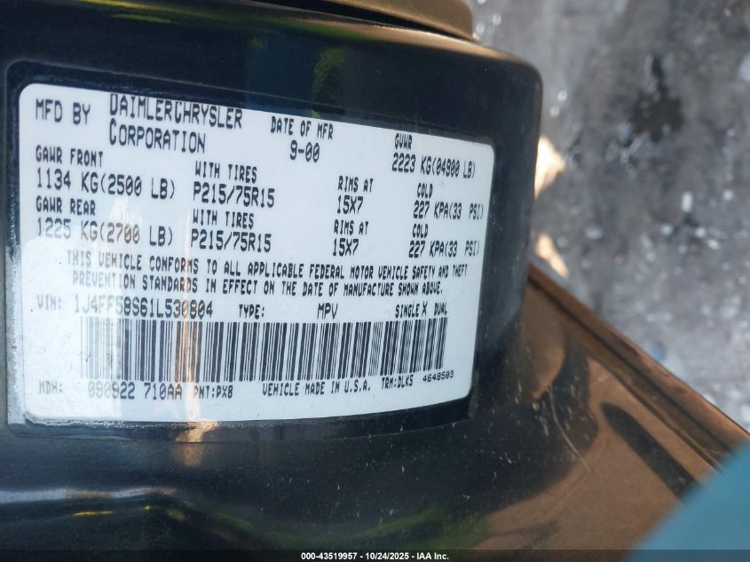 2001 Jeep Cherokee Limited/Sport VIN: 1J4FF58S61L530804 Lot: 43519957