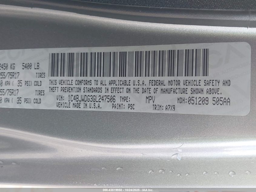 2016 Jeep Wrangler Unlimited Sport VIN: 1C4BJWDG3GL247506 Lot: 43519958