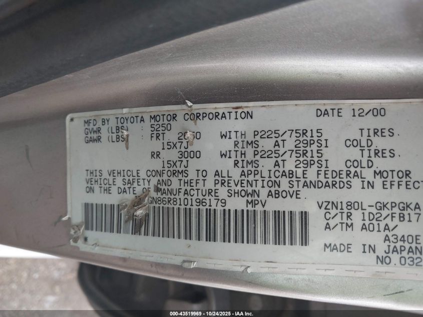 2001 Toyota 4Runner Sr5 V6 VIN: JT3GN86R810196179 Lot: 43519969