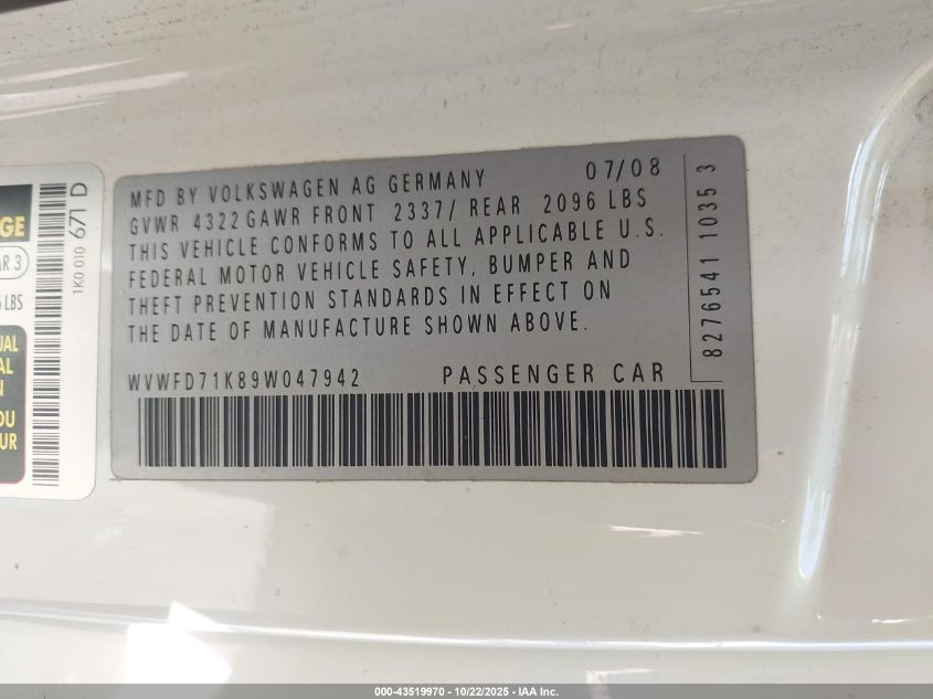 2009 Volkswagen Gti 2-Door VIN: WVWFD71K89W047942 Lot: 43519970