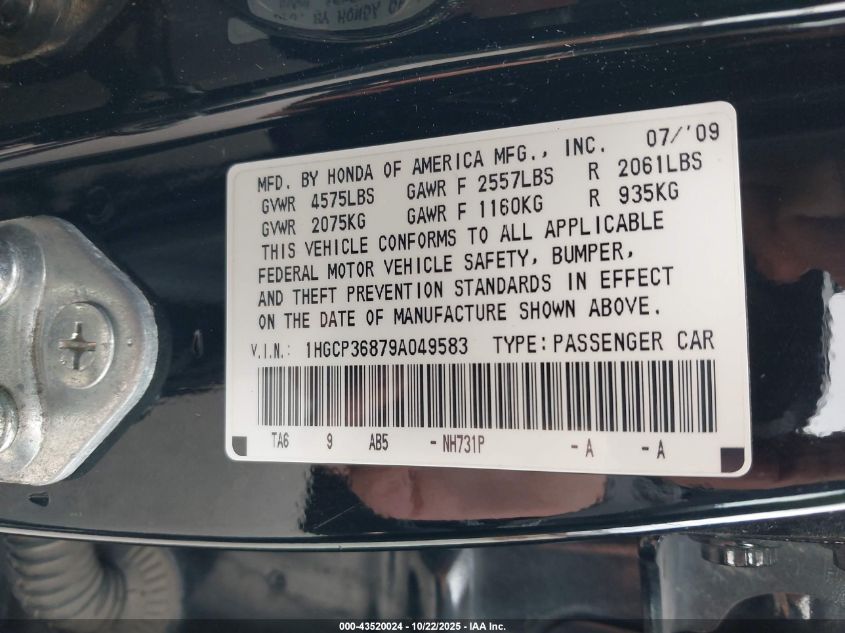 2009 Honda Accord 3.5 Ex-L VIN: 1HGCP36879A049583 Lot: 43520024