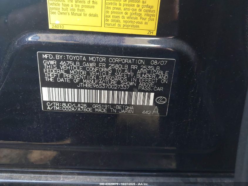 2007 Lexus Gs 350 VIN: JTHBE96S370027337 Lot: 43520079