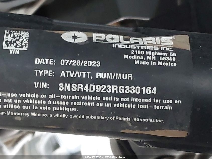 2024 Polaris Rzr Pro Xp 4 Ultimate VIN: 3NSR4D923RG330164 Lot: 43520095