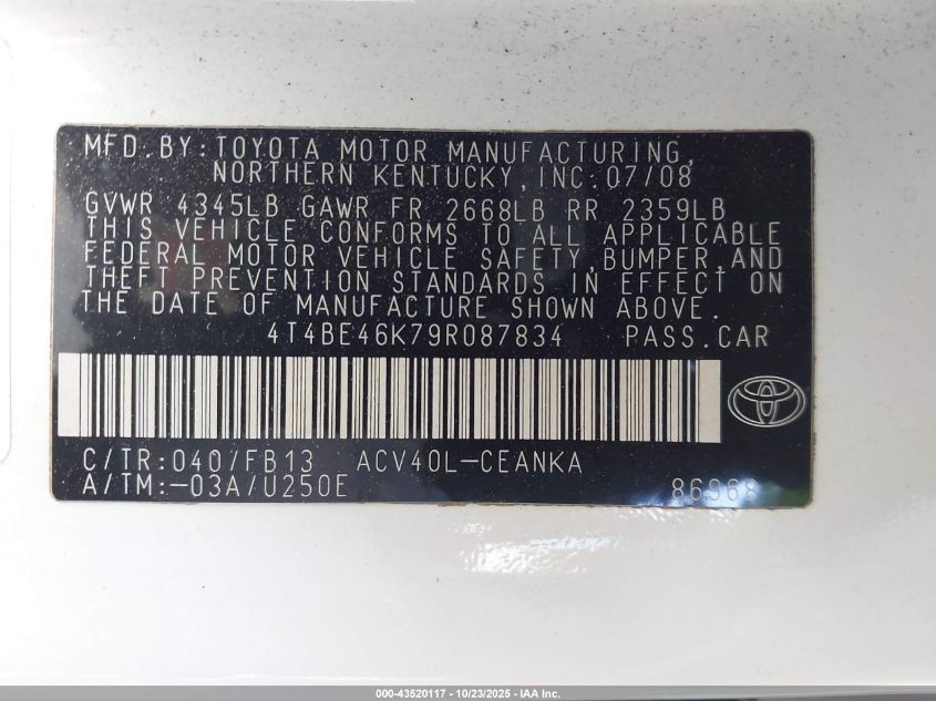 2009 Toyota Camry Le VIN: 4T4BE46K79R087834 Lot: 43520117