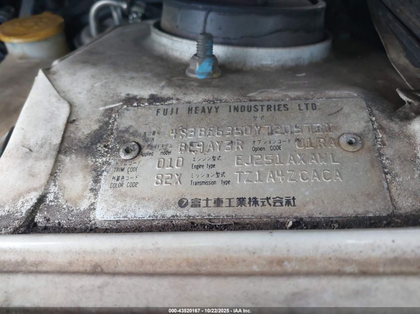 2000 Subaru Legacy L VIN: 4S3BE6350Y7205731 Lot: 43520167