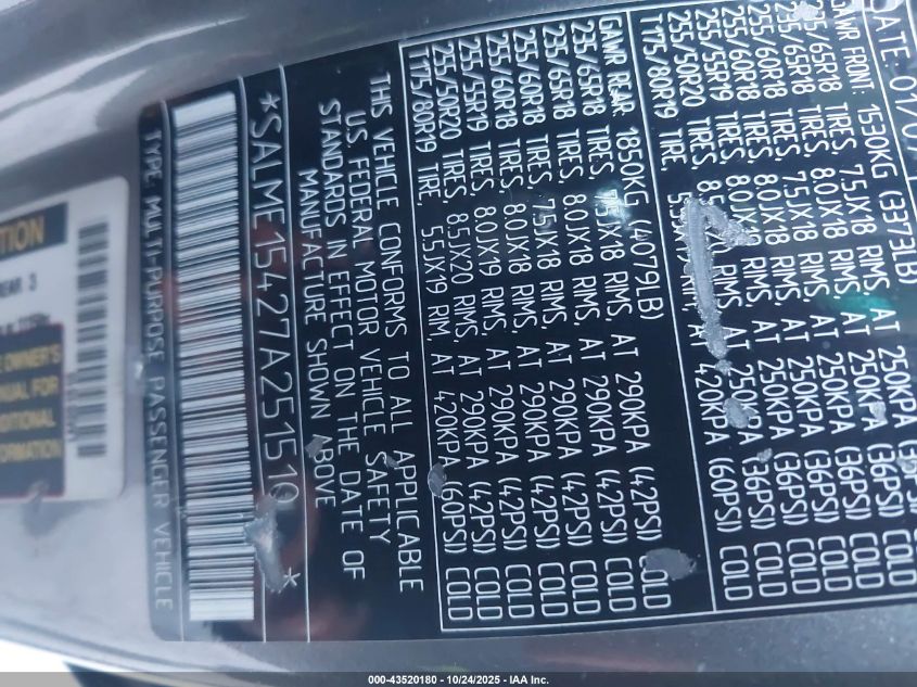 2007 Land Rover Range Rover Hse VIN: SALME15427A251510 Lot: 43520180