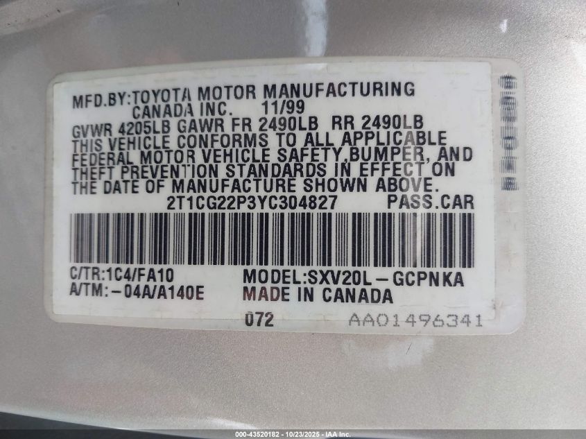 2000 Toyota Camry Solara Se VIN: 2T1CG22P3YC304827 Lot: 43520182