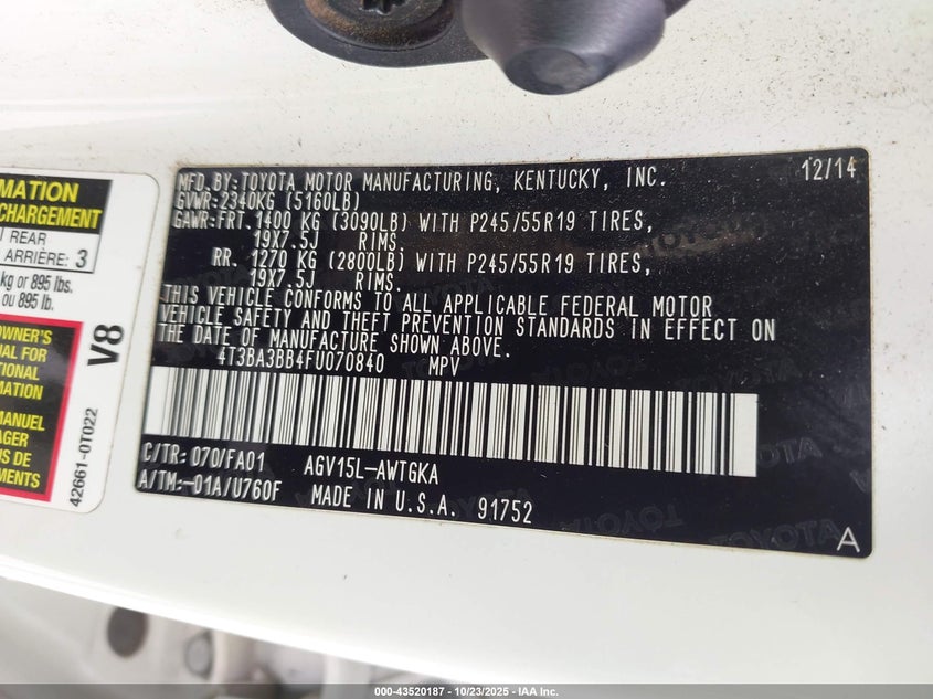 2015 TOYOTA VENZA LE 4T3BA3BB4FU070840