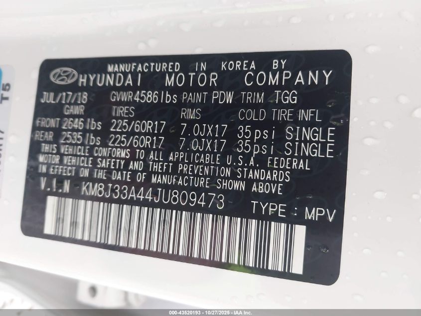 2018 Hyundai Tucson Sel VIN: KM8J33A44JU809473 Lot: 43520193