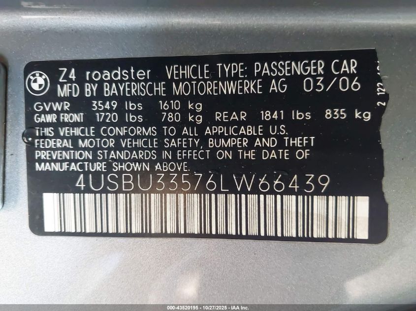 2006 BMW Z4 3.0I VIN: 4USBU33576LW66439 Lot: 43520195