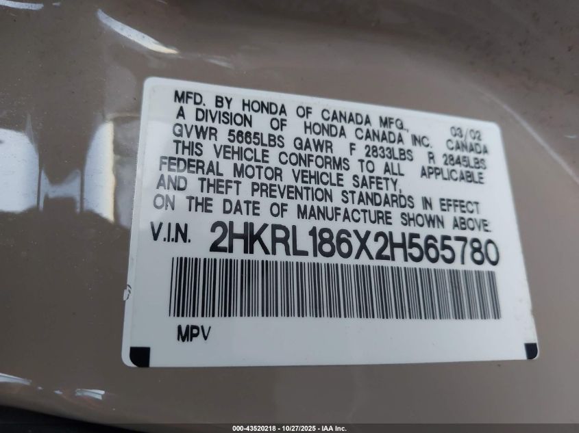 2002 Honda Odyssey Ex VIN: 2HKRL186X2H565780 Lot: 43520218