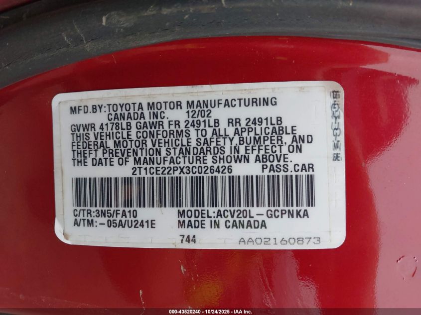 2003 Toyota Camry Solara Se VIN: 2T1CE22PX3C026426 Lot: 43520240