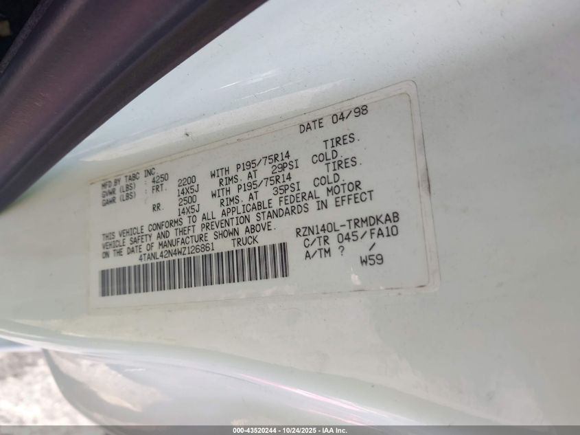 1998 Toyota Tacoma VIN: 4TANL42N4WZ126861 Lot: 43520244