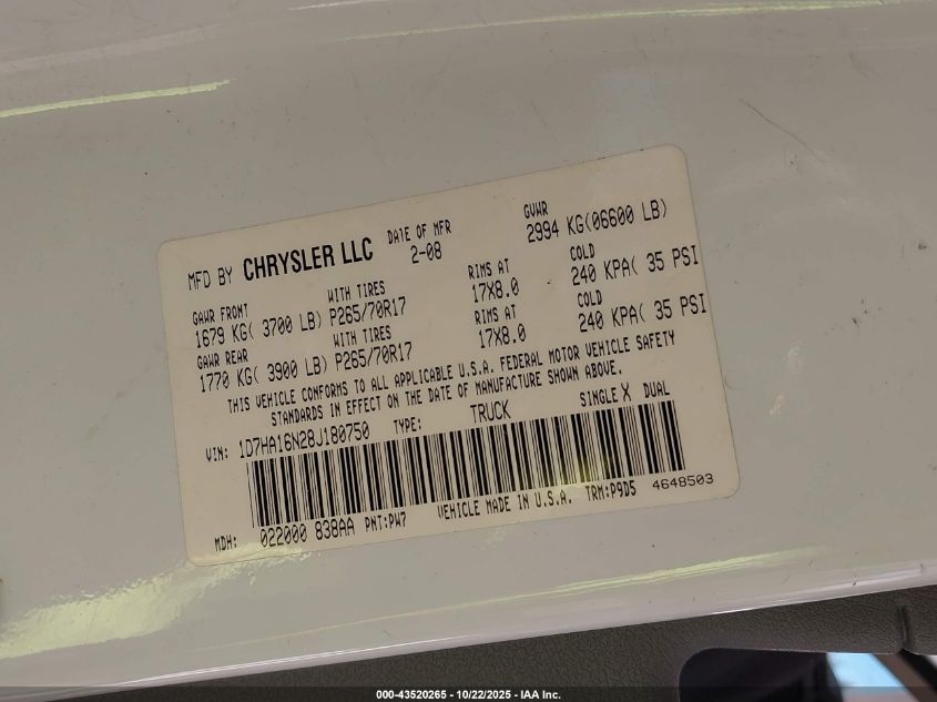 2008 Dodge Ram 1500 Slt VIN: 1D7HA16N28J180750 Lot: 43520265