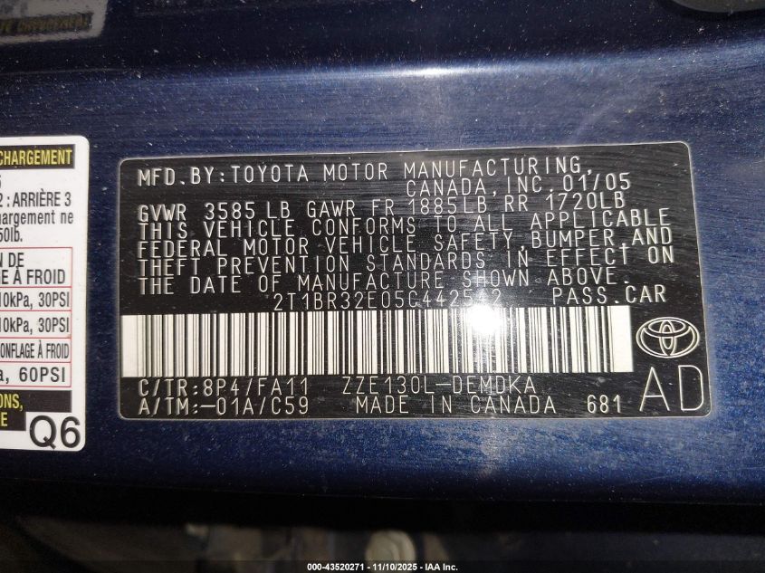 2005 Toyota Corolla Ce/Le/S VIN: 2T1BR32E05C442542 Lot: 43520271