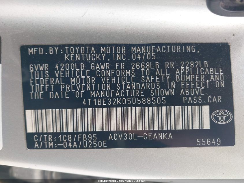 2005 Toyota Camry Le VIN: 4T1BE32K05U588505 Lot: 43520304