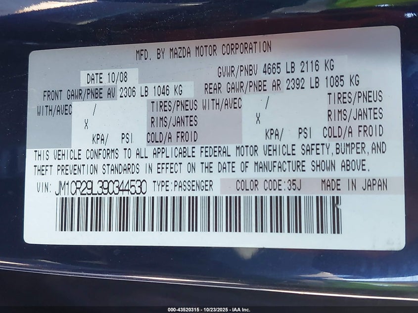 2009 Mazda Mazda5 Sport VIN: JM1CR29L390344530 Lot: 43520315