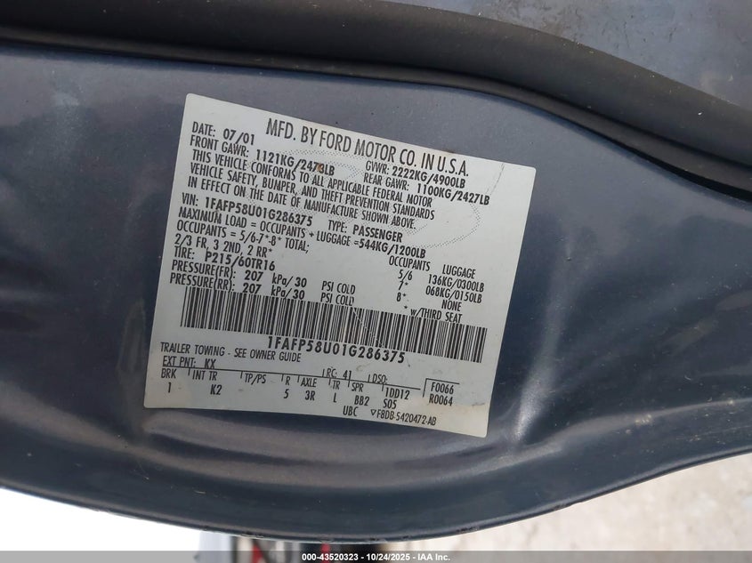 2001 Ford Taurus Se VIN: 1FAFP58U01G286375 Lot: 43520323