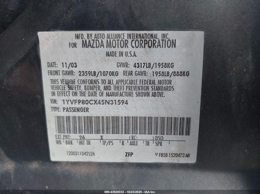 2004 Mazda Mazda6 I VIN: 1YVFP80CX45N31594 Lot: 43520332