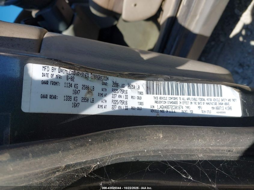 2002 Jeep Grand Cherokee Laredo VIN: 1J4GX48S72C301674 Lot: 43520344