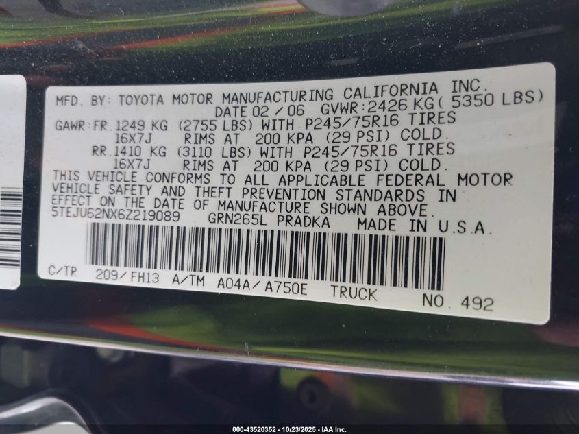 2006 Toyota Tacoma Prerunner V6 VIN: 5TEJU62NX6Z219089 Lot: 43520352