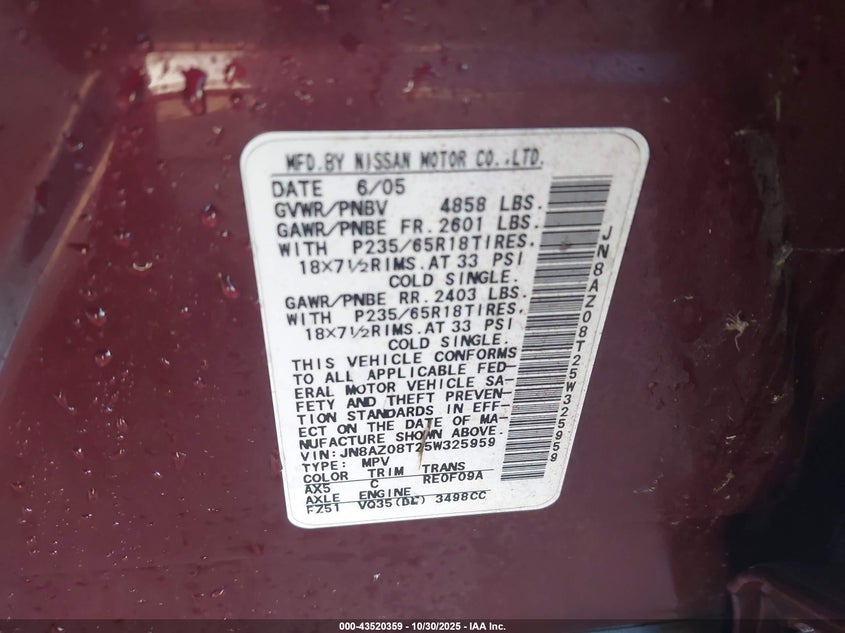 2005 Nissan Murano Sl VIN: JN8AZ08T25W325959 Lot: 43520359