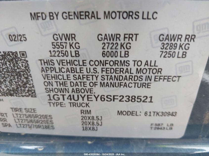 2025 GMC Sierra 3500Hd 4Wd Long Bed Denali Ultimate VIN: 1GT4UYEY6SF238521 Lot: 43520364