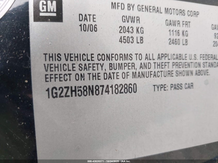 2007 Pontiac G6 Gt VIN: 1G2ZH58N874182860 Lot: 43520371