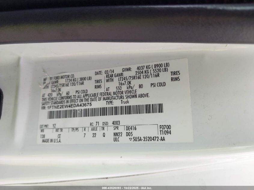 2014 FORD E-250 COMMERCIAL 1FTNE2EW4EDA43675