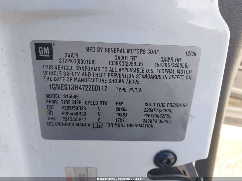 2007 Chevrolet Trailblazer Ss VIN: 1GNES13H472200117 Lot: 43520397