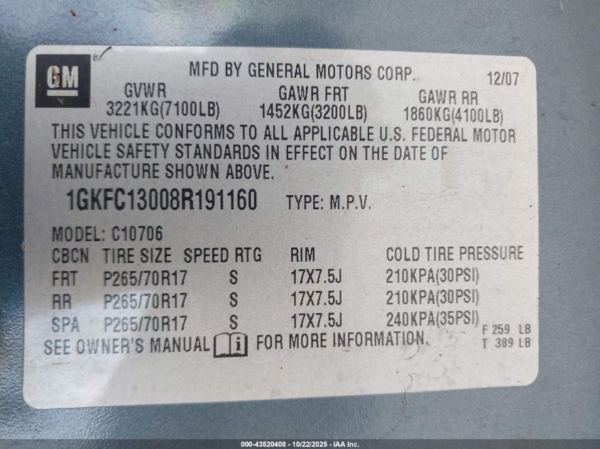 2008 GMC Yukon Slt VIN: 1GKFC13008R191160 Lot: 43520408