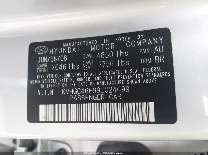 2009 Hyundai Genesis 3.8 VIN: KMHGC46E99U024699 Lot: 43520445