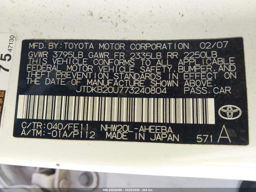 2007 Toyota Prius VIN: JTDKB20U773240804 Lot: 43520456
