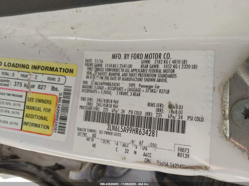 2017 Lincoln Mkz Premiere VIN: 3LN6L5A99HR634281 Lot: 43520493