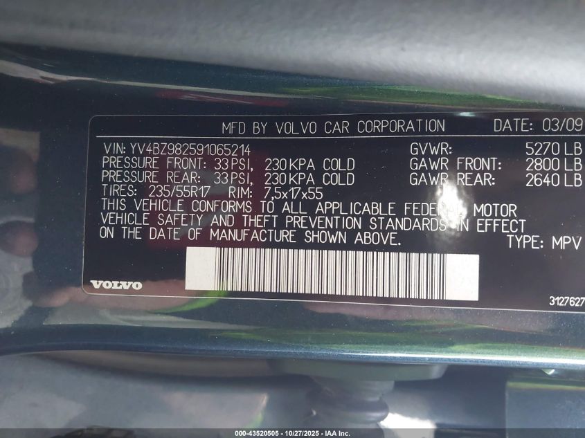 2009 Volvo Xc70 3.2 VIN: YV4BZ982591065214 Lot: 43520505