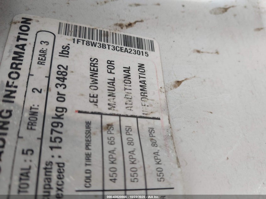 2012 Ford F-350 Lariat VIN: 1FT8W3BT3CEA23015 Lot: 43520565