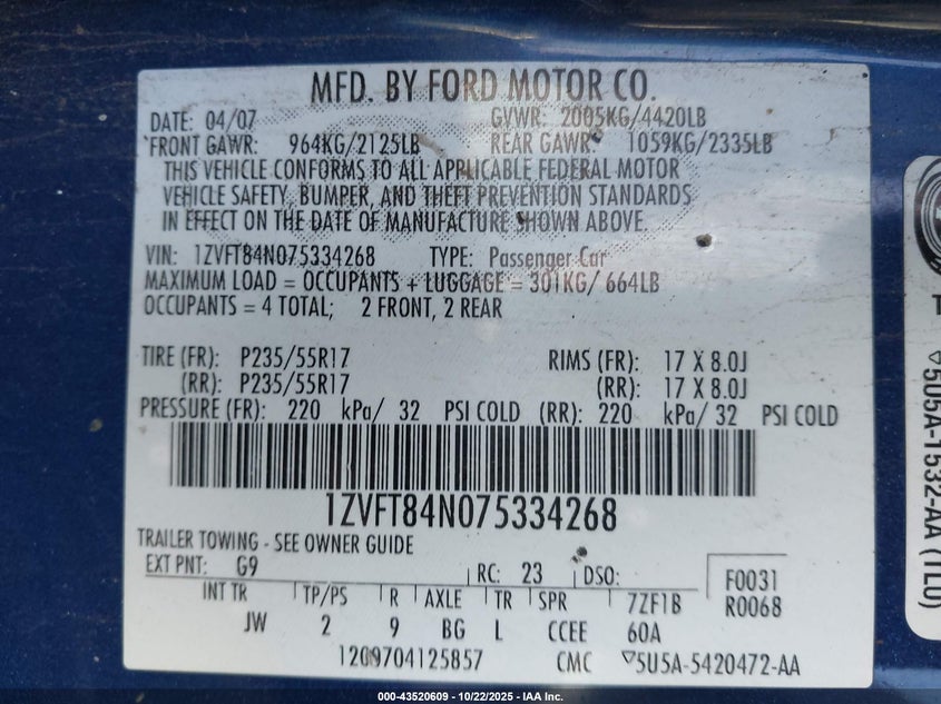 2007 Ford Mustang V6 Deluxe/V6 Premium VIN: 1ZVFT84N075334268 Lot: 43520609