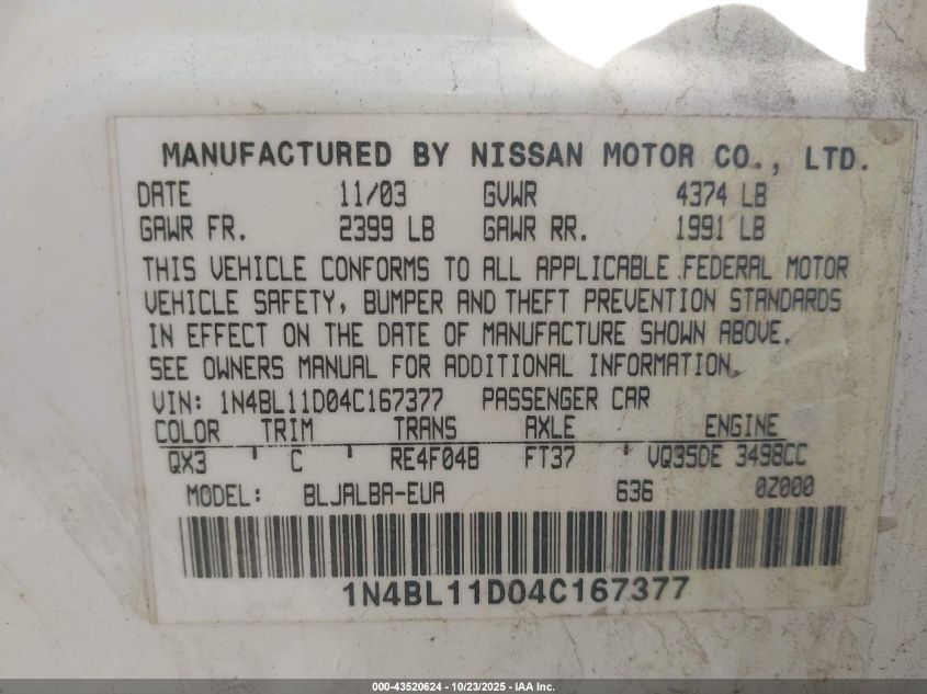 2004 Nissan Altima 3.5 Se VIN: 1N4BL11D04C167377 Lot: 43520624