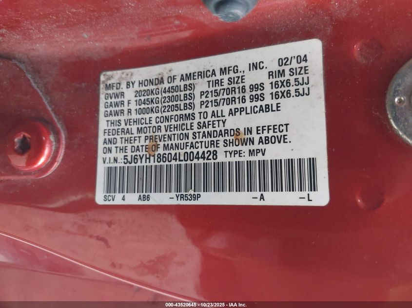 2004 Honda Element Ex VIN: 5J6YH18604L004428 Lot: 43520645