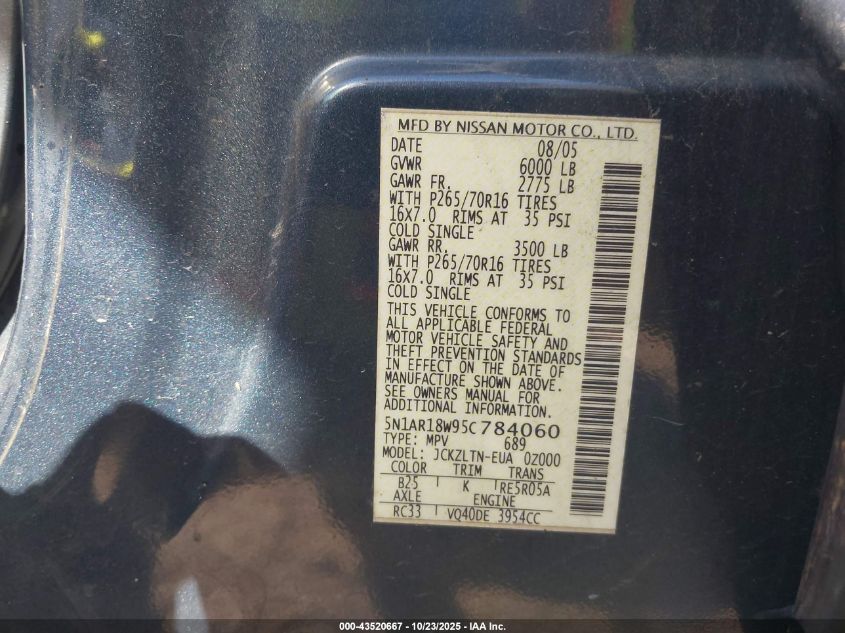 2005 Nissan Pathfinder Se VIN: 5N1AR18W95C784060 Lot: 43520667