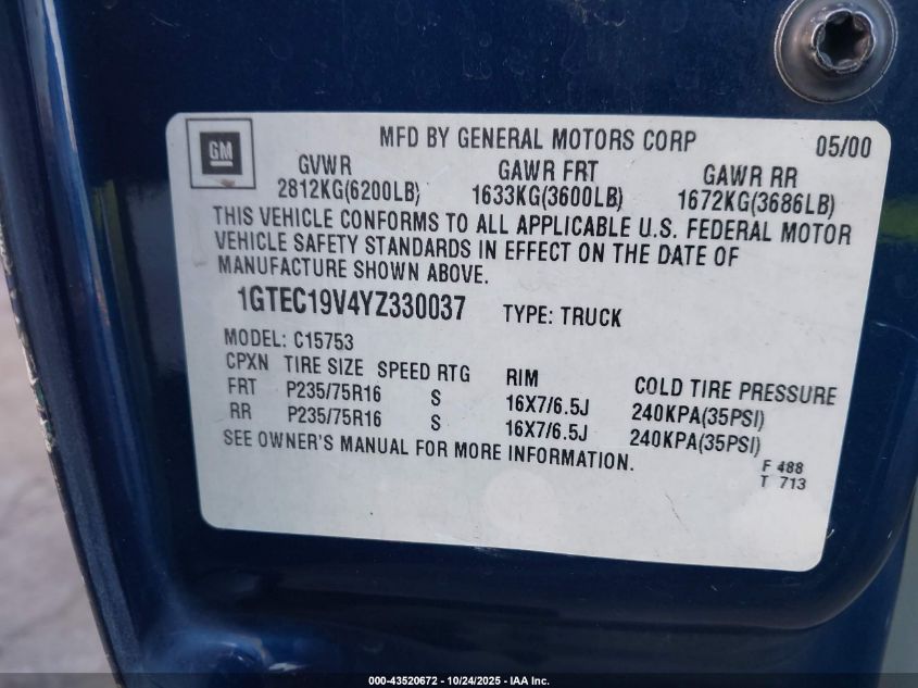 2000 GMC Sierra 1500 Sle VIN: 1GTEC19V4YZ330037 Lot: 43520672