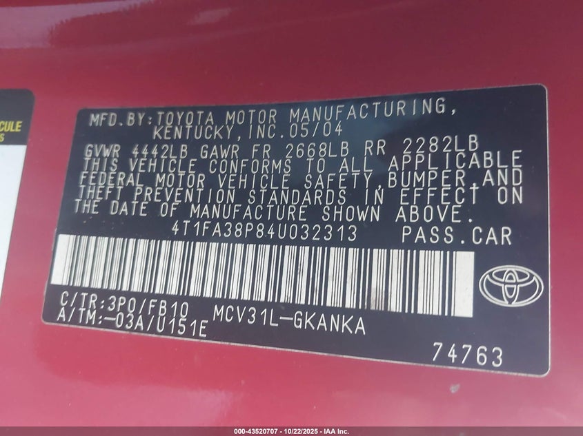 2004 Toyota Camry Solara Se VIN: 4T1FA38P84U032313 Lot: 43520707