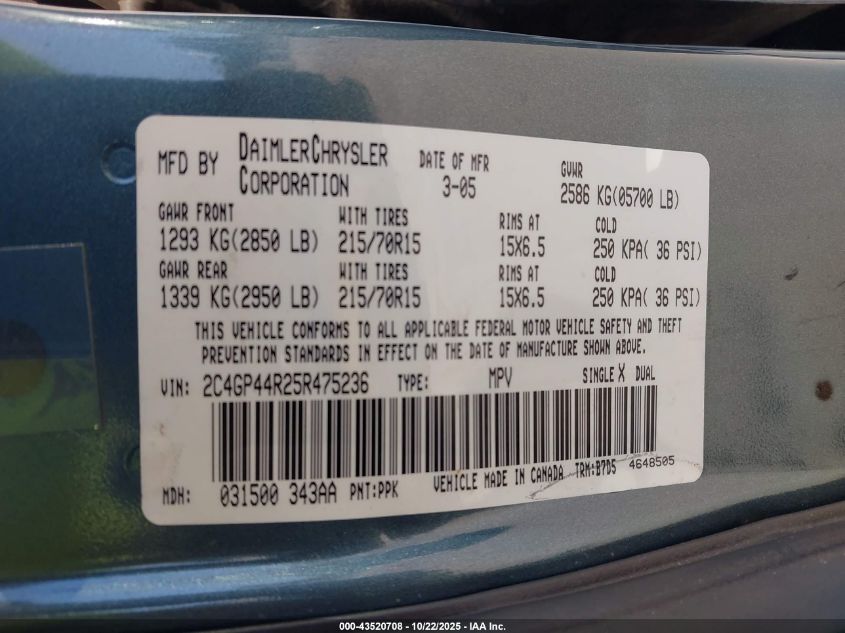 2005 Chrysler Town & Country Lx VIN: 2C4GP44R25R475236 Lot: 43520708