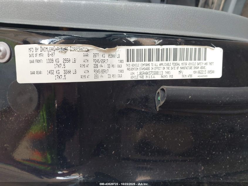 2007 Jeep Grand Cherokee Laredo VIN: 1J8GR48K57C688113 Lot: 43520723