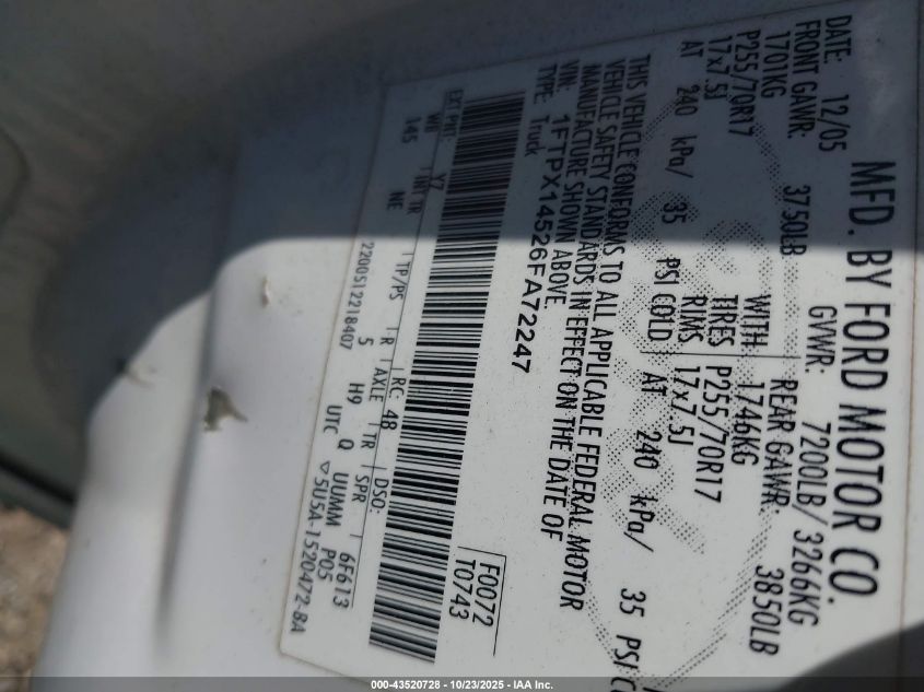 2006 Ford F-150 Fx4/Lariat/Xl/Xlt VIN: 1FTPX14526FA72247 Lot: 43520728