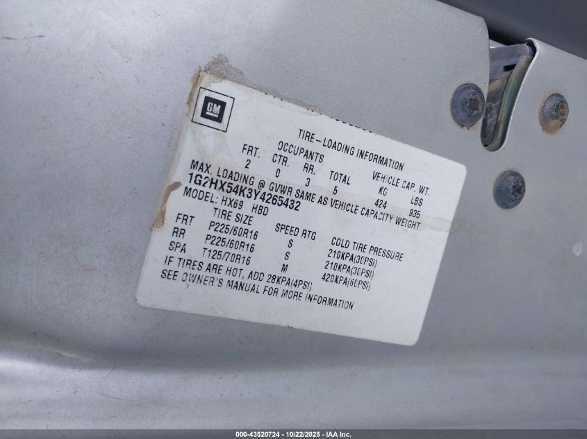 2000 Pontiac Bonneville Se VIN: 1G2HX54K3Y4265432 Lot: 43520724