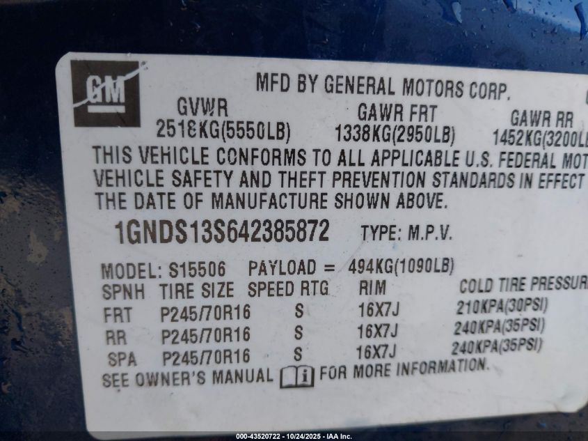 2004 Chevrolet Trailblazer Ls VIN: 1GNDS13S642385872 Lot: 43520722